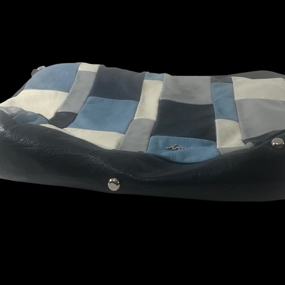 Arcadia Patchwork Leather Shoulder Bag Blue Cream Gray Boho Y2K - Picture 4 of 8